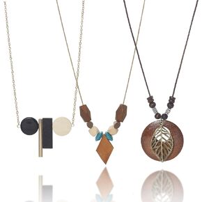 Coiris 3 Pcs Wooden Pendant Necklace Long Adjust Rope Chain Necklace Rustic Bohemian Necklaces Wooden Jewelry for Women Gift Disc Leaves Multiple Irregular Geometries