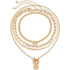 4pcs Layered Gold Necklaces Stack for Women Layered Chunky Gold Necklaces Herringbone Paperclip Chain Necklace Retro Coin Peach Heart Star Pendant Dainty Cuban Chain Toggle Clasp Jewelry Gifts for Women