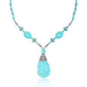 Boho Turquoise Pendant Necklaces Silver Long Handmade beaded Necklace Chain Jewelry for Women and Girls