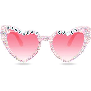 Birthday Glasses for Women, Birthday Queen Sunglasses Pink Heart Shaped Shiny Bling Diamond Pearl Sunglasses for Girl Happy Birthday Party Gift Supplies Accessories Favors