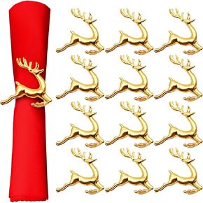 12Pcs Christmas Napkin Rings, Gold Color Deer Napkin Rings Set, Christmas Elk Napkin Buckles for Napkin Placement, Table Napkin Organization for Christmas Party Dinner (Gold Elk, 3.5cm)