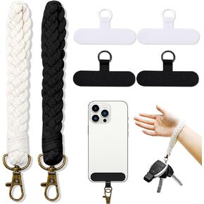 2PCS Phone Wrist Strap, Boho Macrame Cell Phone Lanyard with 4PC Phone Tether Tab, Phone Case Handmade Wrist Lanyard for Women Girls (Black, White)