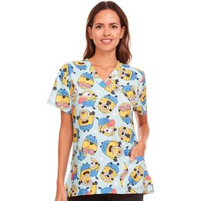 قميص Minions النسائي مطبوع بالكامل، برقبة على شكل حرف V مع جيوب - زي عمل مريح in Kuwait