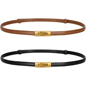 LEACOOLKEY Women Skinny Leather Belts Ladies Thin Waist Belts with Alloy Buckle for Dresses