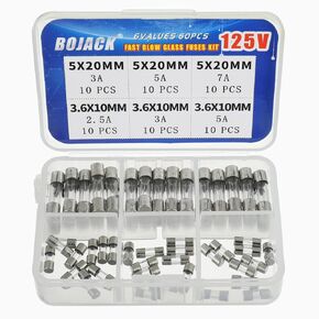 BOJACK Christmas Light fuses 5x20mm 125V 3A 5A 7A Fuse Fast-Blow Glass Fuses 3.6X10mm Mini Fuse 125V 2.5A 3A 5A amp Fuses Assortment Kit