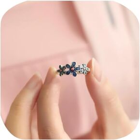 FLYYQMIAO Tiny Dainty Simple Daisy Flower Ring 925 Sterling Silver Stacking Bands for Women Enamel Floral Delicate Casual Everyday Promise Statement Vintage Anniversary Open Rings, XG-JZ0410-L