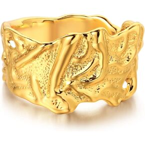 Gold Hammered Ring for Women Textured 14K Gold Plated Minimalist Stack Wide Irregular Band Finger Jewelry Size 6-8