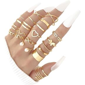 22 PCS Stackable Knuckle Rings Set for Women Girls Teen，Fashion 14K Gold Rings,Zirconia Crystal Butterfly Heart Joint Finger Ring for Gifts