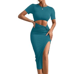 Rooscier Women's Twist Cutout Waist Split Crewneck Short Sleeve Bodycon Midi Dress
