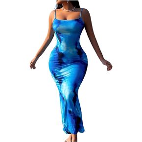 Milumia Women's Tie Dye Ruched Bodycon Cami Long Dress Sleeveless Spaghetti Strap Maxi Dresses