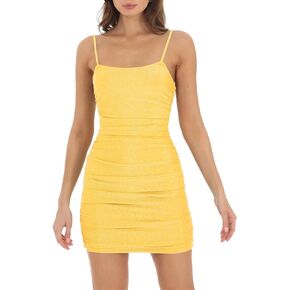 Women Shimmer Ruched Dress Sexy Glitter Spaghetti Strap Mini Bodycon Party Dress Cocktail Dresses