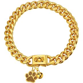 Cuban Link Dog Collar Gold Chain Dog Collar 12mm with Secure Snap Buckle 18K Gold Dog Chain Collars Metal Stainless Steel with Dog tag & Bell for Puppy Small Medium Large Dogs(10")