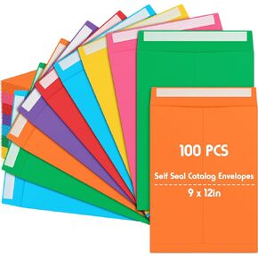 Janlaugh 100 Pcs 9'' x 12'' Colored Catalog Envelopes Self Adhesive 32lb Manilla Envelopes Kraft Peel & Seal for Secure Mailing Storage Organizing for Home Office Business School(Colorful,9'' X 12'')