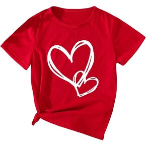 OYOANGLE Girl's Heart Print Round Neck Short Sleeve T Shirt Casual Summer Tee Tops