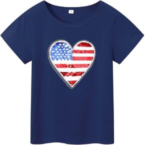 LUCKYGAL Girls 4th July Shirts Flip Sequin Tops Kids Short Sleeve Independence Day Clothes