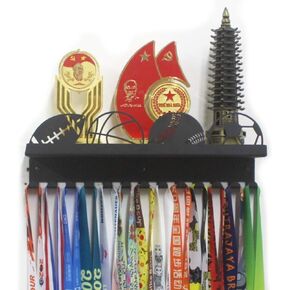 Metal Wall Mount Sports Balls Design Kids & Adults Sports Medal Hanger and Ribbon Display Holder Rack with 3" Trophy Shelf and Easy Hanging Hooks - Black