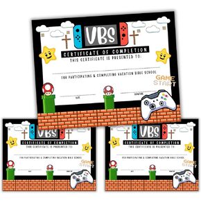 VBS Vacation Bible School Certificate of Completion | 50 pk 8.5x11" Attendance Award for Kids Video Game Gamer Themed School Participation