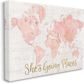 Stupell Industries She's Going Places Quote Pink Watercolor World Map, Canvas, ab-961_cn_16x20, 16 x 20