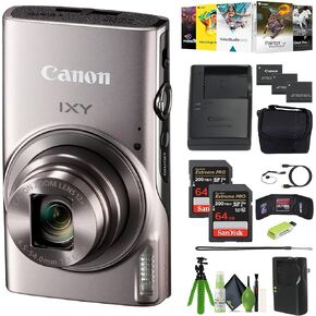 Canon IXY 650 Compact Digital Camera 12x Optical Zoom IXY650 (Black) Bundle with 2X 64GB Memory Card + Extra Charger + Card Reader + Photo Software + Vlogging Tripod + Cleaning Kit and More