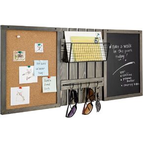 MyGift 3 Panel Wall Mounted Entryway Bulletin Board Combo Set with Vintage Gray Solid Wood Frame, Chalkboard, Cork Board, Black Metal Mail Basket, and Hanging Rail