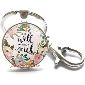Charming Fashion Keychain，It is Well with My Soul Keychain Quote Faith Inspirational Women Men Christian Jewelry Gifts，Photo Key Ring Art Key Ring Photo Jewelry Art Jewelry Glass jewelry-HZ00133