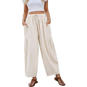Womens Linen Wide Leg Pants Casual Elastic Drawstring Waist Trousers Beach Palazzo Harem Pants with Pockets