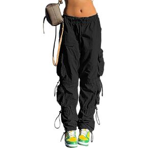 QYANGG Parachute Pants for Women Drawstring Elastic Low Waist Ruched Cargo Pants Multiple Pockets Jogger Y2K