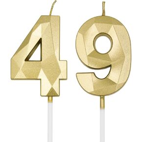 49th & 94th Birthday Candles for Cake, Gold Number 49 94 3D Diamond Shaped Candle Birthday Decorations Party Supplies for Women or Men