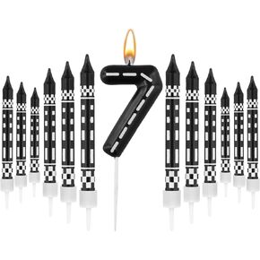 13pcs Racing Cars Themed Birthday Candles, Black and White Checkered Birthday Candles for Cake Numeral Candle Number Cake Topper for Boys Girls Theme Party Decoration (1)