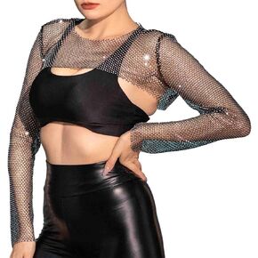 GRAEEN Long Sleeve Pullover Bolero Shrug Mesh Rhinestone Crop Top Cut-Out Loose Cropped Sweatshirts