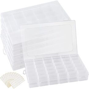 6 Pack 36 Grids Plastic Organizer Box with Adjusatble Dividers and 600 PCS Label Stickers, Clear Bead Storage Container for Crafts Jewelry Fishing Tackles