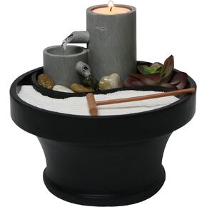 Nature’s Mark Relaxation Indoor Tabletop Water Fountain Zen Garden Combo Décor with Tealight Candle Holder, Succulents, and Accessories (6"H x 7"D) (Candle Not Included)