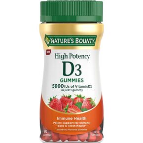 Nature's Bounty High Potency Vitamin D3 5000 IU, Immune Support Supplement, 5000 IU, Strawberry Flavor, 60 Gummies