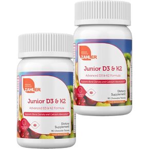 Zahler - Junior Vitamin D3 + K2 Chewable Tablets for Kids| Vitamin D for Kids 2000 IU | Delicious Vitamin D K2 Chews to Support Healthy Bones & Teeth - Kosher, Less Sugar Than Gummies (2 Pack)