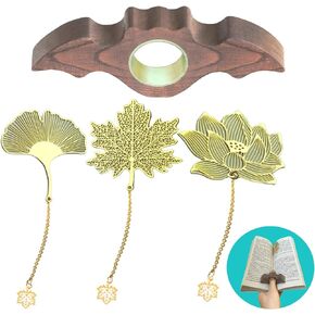 4 Pieces Bookmarks，Handmade Thumb Wooden Walnut Book Page Holder with Golden Ring，Bat Wing Design，3 Pieces Metal Bookmarks with Chain，Golden Hollow Design, Book Reading Accessories (Medium)