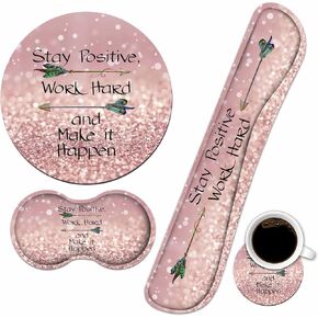Keyboard Wrist Rest + Mouse Wrist Rest Pad Set with Coasters, Inspirational Quote Stay Positive Work Hard and Make It Happen Wrist Mouse Pad with Non-Slip Rubber Base for Home Office Working Studying