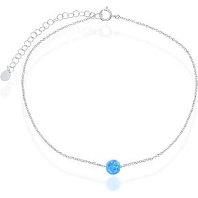 Beaux Bijoux Sterling Silver or Rose Gold Plated Created Blue or White Opal Heart or Disc 9+2" Anklet