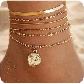 Gold Anklets for Women 14k Gold Plated Ankle Bracelets for Women Waterproof Jewelry Dainty Adjustable Ankle Bracelet CZ Butterfly Heart Herringbone Cuba Link Chain Anklets