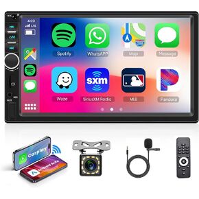 Double Din Car Stereo with Carplay Android Auto, Rimoody 7 Inch Touch Screen Car Radio Bluetooth, FM Radio, Mirror Link, Dual USB Fast Charge, EQ, SWC, Backup Camera