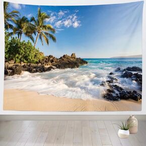 Loccor Beach Tapestry Sandy Beach 105Wx70H inch Large Shore Waves Palm Trees Rocks Island Tapestry Wall Hanging Tropical Hawaii Wall Art Decor for Living Room Bedroom Dorm Home Decorations