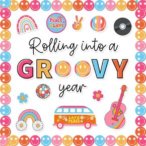 57Pcs Retro Groovy Bulletin Board Decoration Kit Rainbow Flower School Bus Guitar CD Cutout Colorful Happy Face Border Trim for Classroom Office Home Decor