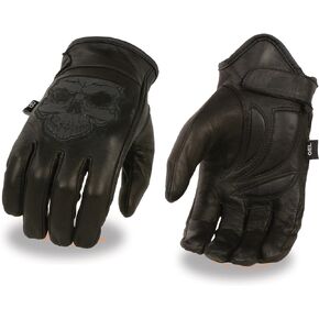 Men's Leather Motorcycle Glove w/Reflective Skull Design & Gel Palm MG7570