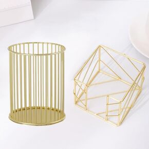 2Pcs ( Square + Circle ) Post Note Holder + Pen Holders,Gold Metal suit for Desk Memo、tableware、flowers、marker pencil Storage,Home Office Supplies and Accessories,Makeup Brushes Cup