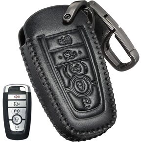 for Ford Leather Key Fob Cover Accessories for Edge Escape Expedition Explorer Fusion Mustang Ranger F-150 F-250 5 Buttons, Leather Case+D-Ring+Hook(Black)