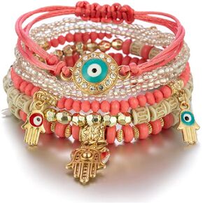 Multilayer Evil Eye Hamsa Hand Bracelet Bohemian Colorful Beads Stretch Bracelets Handmade Multicolor Crystal Beaded Lucky Protection Bangles Strand Bracelet for Women Girl