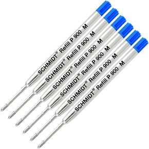 Schmidt P900 Parker Style Ballpoint Pen Metal Body Refill Blue Ink Medium Tip 0.7mm Stainless Steel Tip - Pack of 6