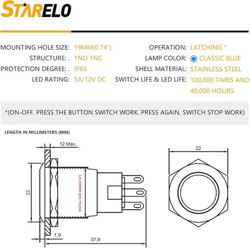 STARELO 10Amp 19MM 3/4" Latching Push Button Switch 12V 1NO1NC Waterproof Stainless Steel Shell with LED Ring with Wire Socket Plug (Blue). in Saudi Arabia