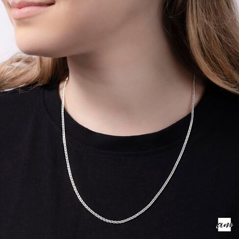 Amberta 925 Sterling Silver 2 mm Rhombus Curb Chain Necklace 16" 18" 20" 22" in in Saudi Arabia