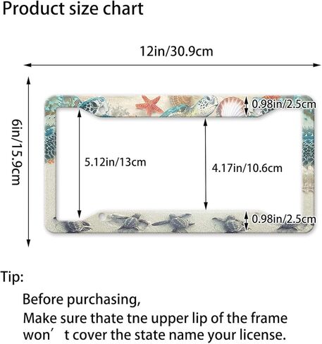إطارات لوحة ترخيص السلحفاة، إطار لوحة ترخيص لطيف على الشاطئ للنساء والرجال، حامل غطاء إطار أمامي عتيق من الألومنيوم مضحك مع 4 فتحات (QCP-33) in Kuwait