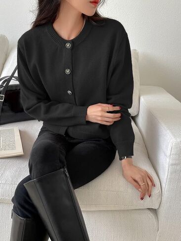 سترة نسائية قصيرة من COZYEASE بأزرار سفلية كاجوال بياقة دائرية وأكمام طويلة وسترات منسوجة ناعمة in Saudi Arabia